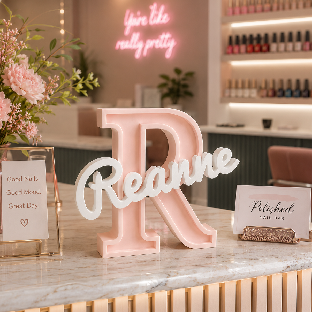Wondermade Signature Centerpiece Letter R Blush Pink Reanne Nail Salon Lifestyle - Personalised 3D Display Decorative Plaque Singapore